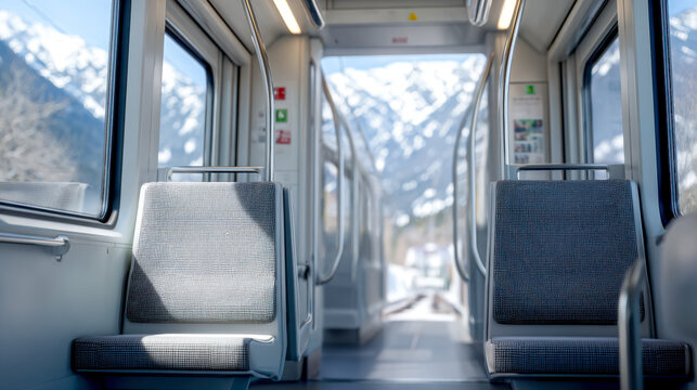 Modern empty train interior with comfortable seats and large windows showcasing snowy mountain landscape on a clear winter day in transportation travel concept