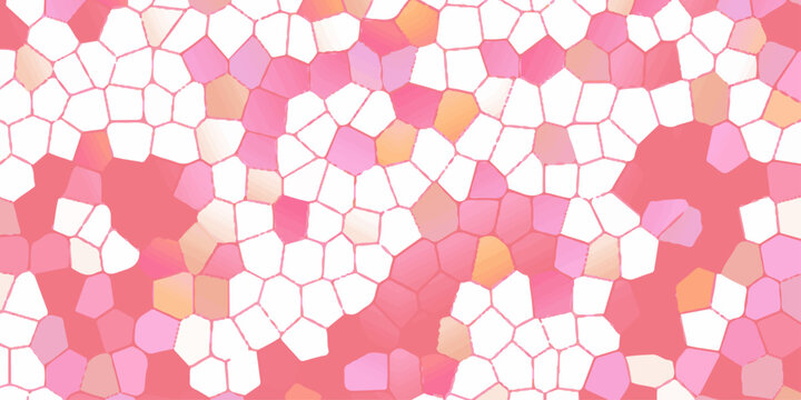 Abstract pink and white geometric mosaic background; stained glass texture with soft pastel pentagonal cell patterns.