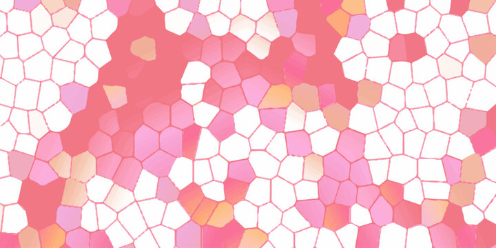 Abstract pink and white geometric mosaic background; stained glass texture with soft pastel pentagonal cell patterns.