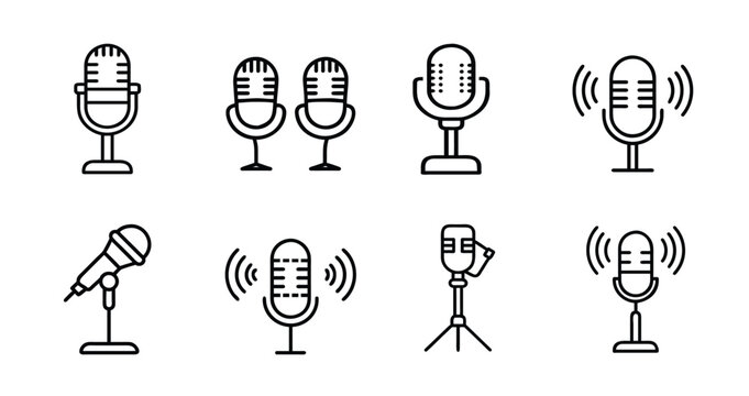 Microphone web line icons set podcast audio record voice studio equipment & more vector illustration with editable stroke