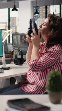 Vertical Video Office staff using large language on AI virtual assistant software, working with autonomous generative models for problem solving and tasks optimization. AI agent machine learning.