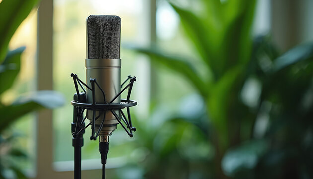 Condenser microphone on stand with green plant and window backdrop. Audio recording setup for music, podcast, interview, or broadcast. High quality sound capture gear.