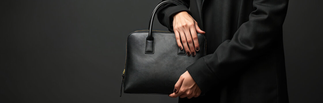 Woman holds black leather handbag. Stylish accessory for fashion outfits. Elegant female carries luxury purse. Modern design accentuates sophistication. Chic item for daily use.