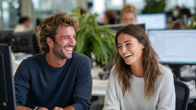  Colleagues sharing a light moment representing positive work culture.
