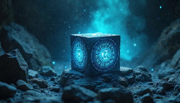 Ancient cube artifact glows with bright blue energy on rough rock. Mystical symbols cover its surface. Ethereal light particles float around. Looks like fantasy or sci-fi discovery.