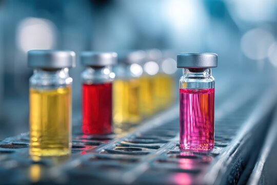 Laboratory glass vials filled with colorful liquids placed in a row on a metal surface under soft lighting for pharmaceutical research and development