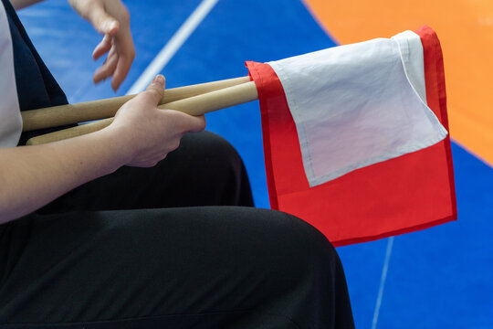Martial arts referee holding red and white scoring flags