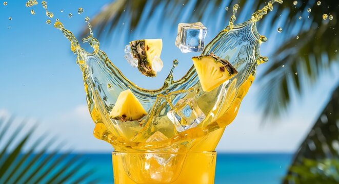 Dynamic pineapple juice splashing with ice cubes and fruit chunks on a tropical beach background palm trees blue sky