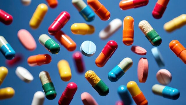 Rainbow pills float against a cool blue backdrop