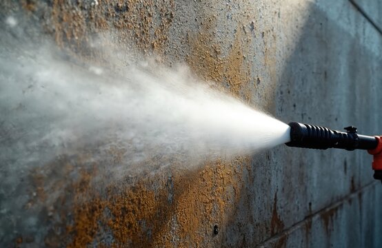 High pressure water jet sprays dirty textured wall, removing grime and rust stains. Cleaning process restores surface appearance. Service for building exterior maintenance.