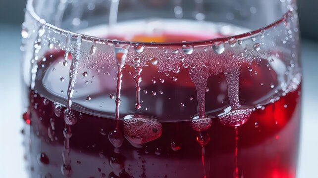 Frosted glass of crimson hibiscus tea &ndash; Suitable for high-end hospitality marketing, botanical art, or refreshing product close-ups.