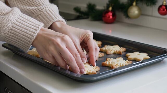 Woman arranging snowflake cookies on baking tray in kitchen. Homemade Christmas biscuit preparation for winter holiday. Process of placing sweet festive treats before oven baking for home celebration.