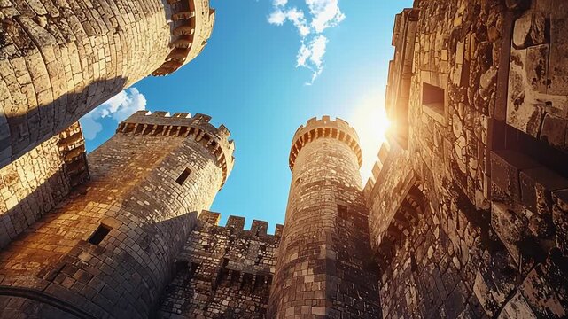 Looking upward between tall medieval castle towers toward bright blue sky creating dramatic fortress perspective
