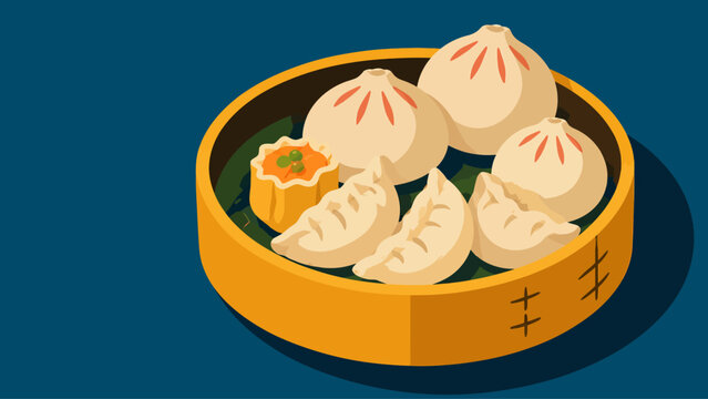 Isometric Dim Sum Illustration with Xiaolongbao, Dumplings, and Shumai in Bamboo Steamer