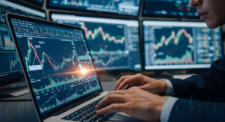 Fototapeta premium Trader analyzing stock market charts on laptop
