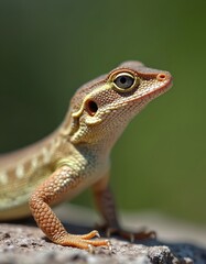 Fototapeta premium Detailed close-up of common wall lizard reptile. Small creature with scaly skin sits on rough rock. Its eye and tiny claws are visible. Wild animal in natural habitat.