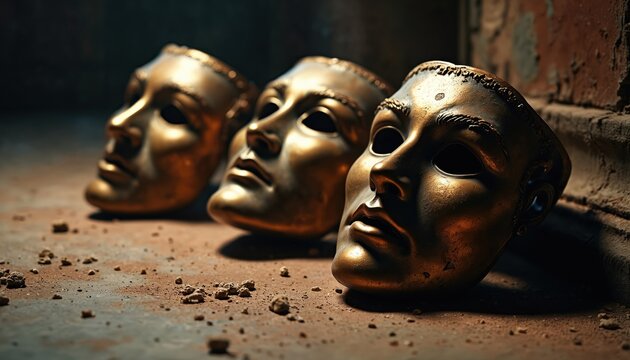 Three antique golden masks rest on dusty floor near old wall. Mysterious faces look in different directions, suggesting forgotten stories and theatrical past.