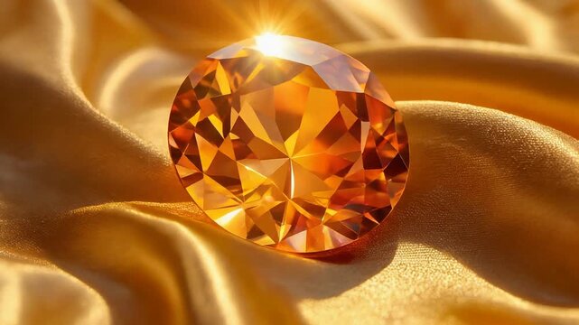 Golden amber gemstone jewel shining on rich gold satin fabric creating luxurious jewelry display