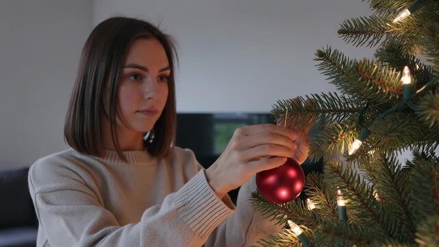 Young woman hanging festive red bauble on Christmas tree in living room. Girl decorating fir branches with holiday ornament