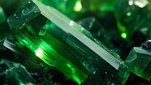 Emerald crystal gemstone cluster glowing with vivid green light creating luxurious jewelry mineral background