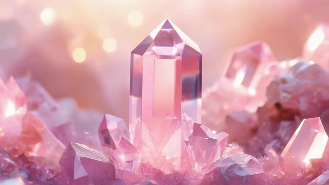 Soft pink rose quartz crystal gemstone cluster glowing with warm pastel light creating jewelry mineral scene
