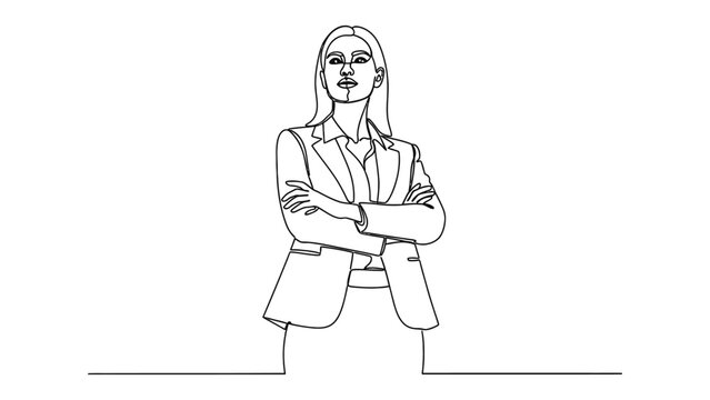 Continuous one line drawing of a professional businesswoman standing with arms crossed. Continuous line style. Hand drawn. Line art. Vector design. illustration