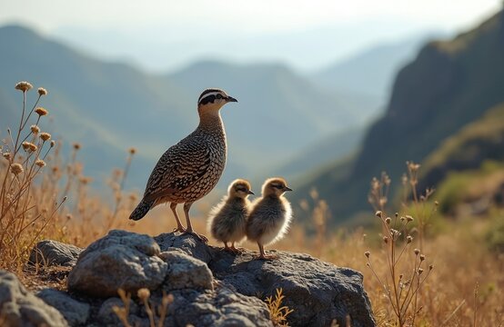 Rock partridge mother and two chicks stand on mountain rock. Birds in wild habitat with dry grass and blurred mountain background. Cute family wildlife scene.