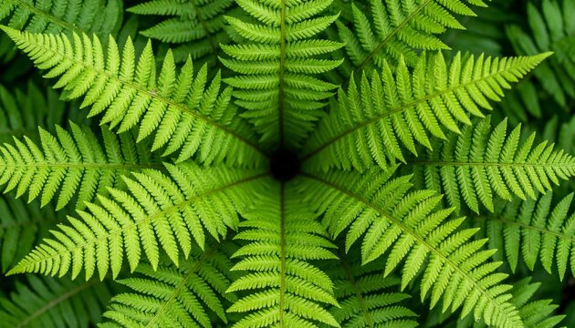 Top-Down Seamless Fern Leaves Layered in Radial Symmetry Creating an Abstract Pattern