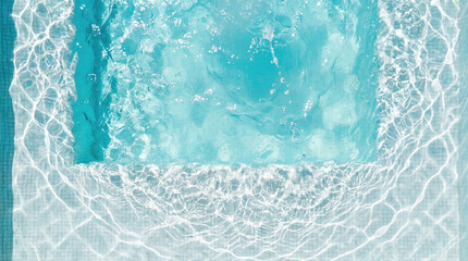 Plakat Top view of turquoise swimming pool water with sunlight ripples and clear crystal waves at luxury summer spa resort. Summertime concept with copy-space.