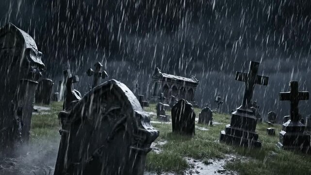 Dark cemetery at night with heavy rain and lightning strikes, spooky graveyard atmosphere for horror and halloween projects