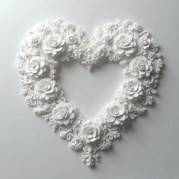 White heart shaped lace with floral patterns and open center, detailed craft, romantic delicate ornament, elegant decorative design, wedding or celebration background