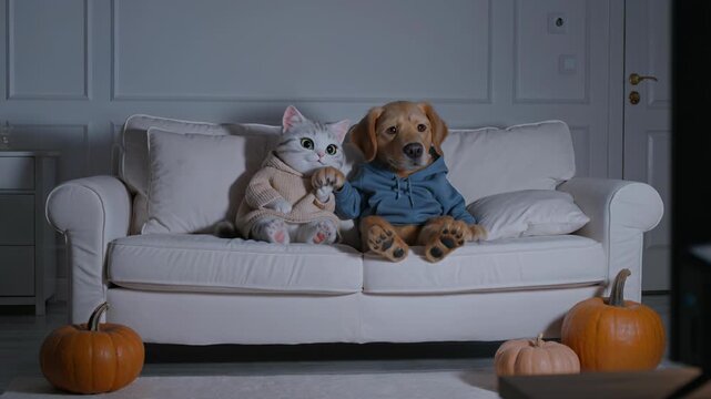 Cute cat and dog wearing hoodies sitting on sofa and holding paws. Anthropomorphic animals watching television in living room. Cozy Halloween home interior with pumpkin decor for autumn celebration