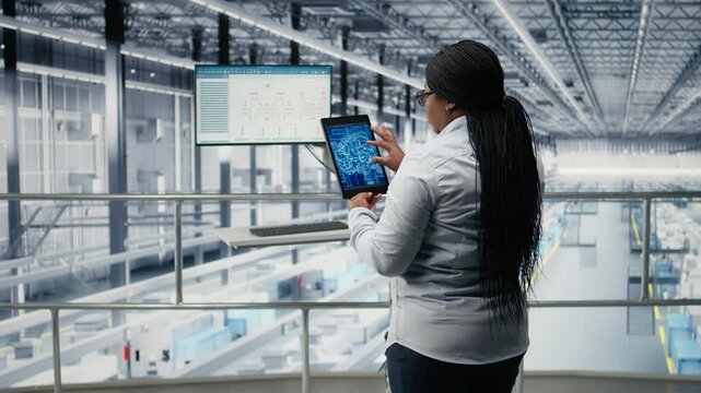 Businesswoman in microchip factory using AI model to develop innovative technology roadmap. African american female manager uses deep learning to develop high tech semiconductors, camera A
