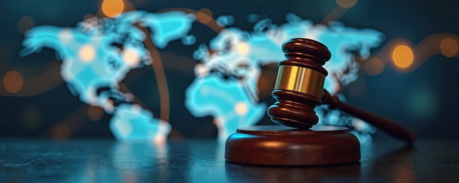 Gavel on sound block before world map background representing international law and justice. Concept of global trade agreements and legal system decisions. Court, arbitration, diplomacy.
