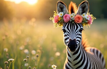 Obraz premium Cute baby zebra wears flower wreath on head. Wildlife animal in meadow at sunrise. Natural beauty and serene moment with gentle wild creature during golden hour.