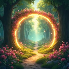 Naklejka premium Glowing portal in rich forest path. Pink flowers and green grass surround magical doorway. Sunlight beams through trees creating dreamy, mystic atmosphere. Journey into enchanted world.