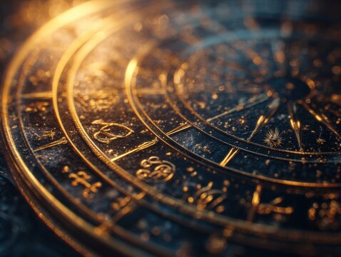 Detailed ancient astrological chart with glowing golden zodiac symbols and intricate celestial design illuminated by warm light