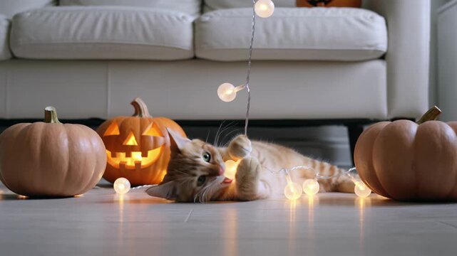 Ginger cat playing with glowing string light near jack-o-lantern for Halloween. Domestic tabby kitten lying on floor with festive pumpkin decor in home living room. Animal having fun at home at night