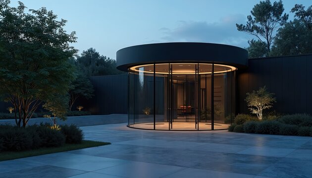 Modern round glass building entrance with exterior lighting. Sleek architecture design blends with garden plants. Luxury space provides peaceful ambiance.