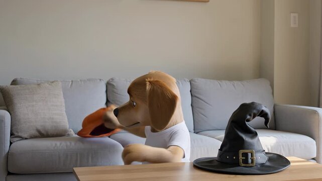 Anthropomorphic dog trying on Halloween costume accessories. Cute animal character putting on a witch hat and jack-o-lantern cap. Fun festive preparation at home for a holiday celebration concept
