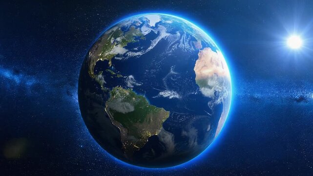 Blue planet Earth illuminated by sunlight against starry universe background creating dramatic space scene