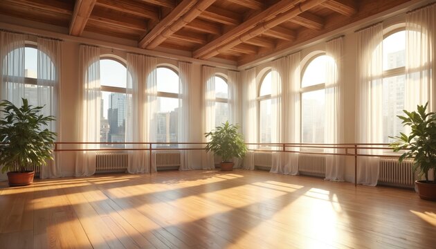 Sunlit dance studio interior with arched windows and wooden barre. Bright empty room has polished floor, radiators and plants. City buildings visible through sheer curtains.