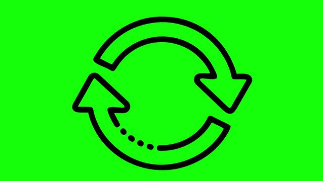 Animated Rotating Recycle Arrows Loop - Black Line Icon on Green Screen