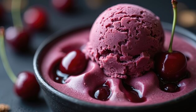 Scoop of dark cherry ice cream in bowl with fresh cherries. Creamy dessert with glossy syrup and textured surface. Rich fruit flavor refreshing cold treat.