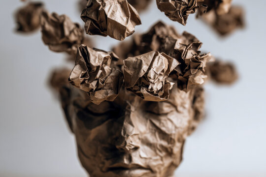Artistic sculpture of a human face made from crumpled brown paper with abstract textured elements resembling flowers or thoughts emerging from the head