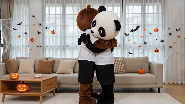 People in bear and panda costumes hugging in a living room decorated for Halloween. Friends wearing mascot suits embracing inside a home interior with pumpkins and spider