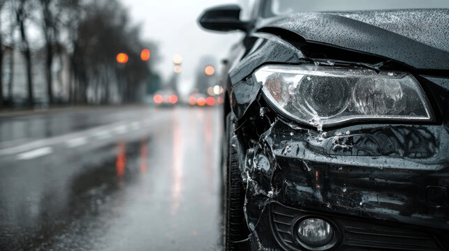 Damaged black vehicle with a dented front bumper and headlight parked on a rainy city street reflecting street lights and blurred traffic in the background