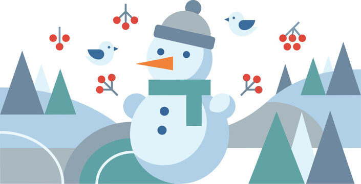 Snowman wearing a scarf and hat stands in a forest with red berries and small blue birds nearby.