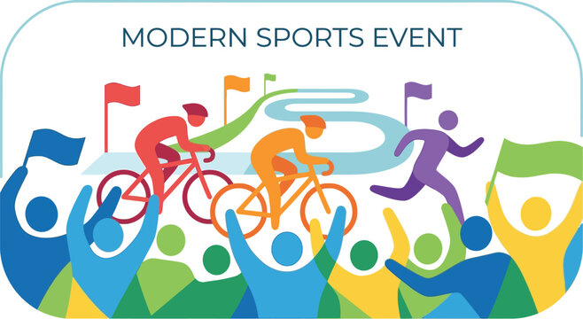 Cyclists and runners compete in a modern sports event while a cheering crowd waves flags in the background.