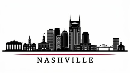 Naklejka premium A horizontal banner showcasing the Nashville skyline, depicted as a black-and-white silhouette of Nashville, Tennessee, presented as a vector template for design use.